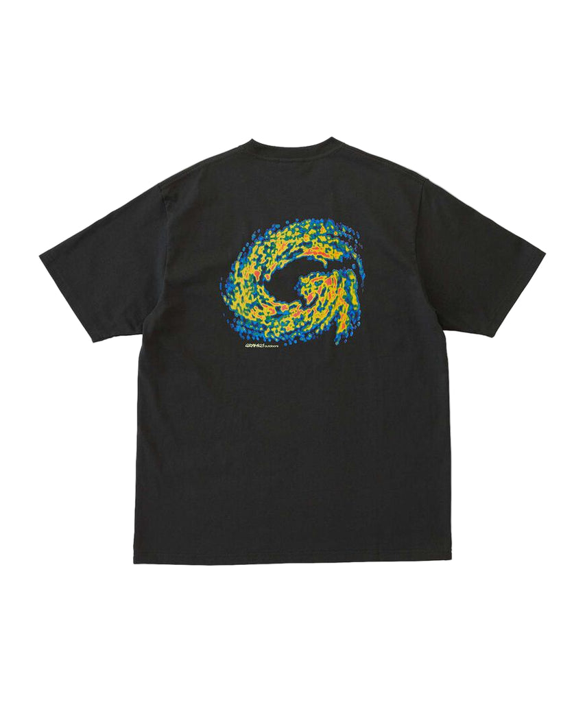 Black t-shirt with colorful abstract design on the back against a white background