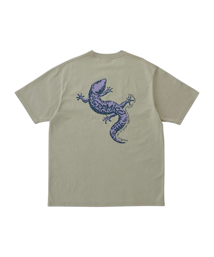 Beige t-shirt with a purple lizard graphic on the back against a white background